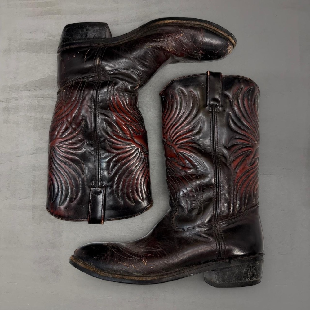 Vintage Iron Age Thunderbird Cowboy Boots Black Leather Distressed Western 10 E